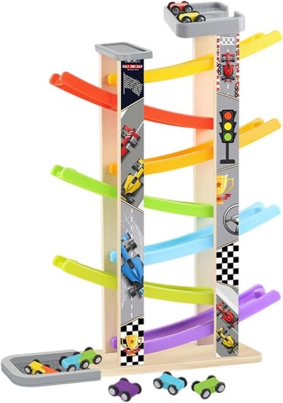 Houten Racebaan - Autobaan Speelgoed - Cognitief Leren - Zeven Niveaus - 44 x 13 x 8 cm - Multicolor