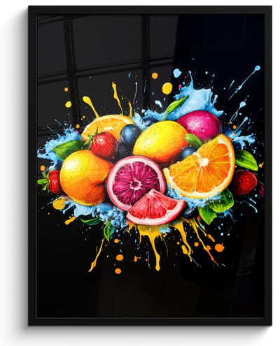 Poster in lijst - Fotolijst 50x70 cm - Posters - Fruit - Graffiti - Kleurrijk - Sinaasappel - Aardbei - Abstract - Posterlijst zwart - Decoratie - Wanddecoratie woonkamer - Muurdecoratie slaapkamer