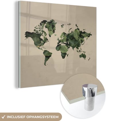 ® Glasschilderij 90x90 cm - Schilderij acrylglas - Wereldkaart - Planten - Patroon - Foto op glas - Muurdecoratie woonkamer - Wanddecoratie slaapkamer - Schilderijen