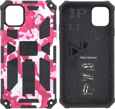 Hoesje Geschikt voor iPhone 11 Hoesje - Rugged Extreme Backcover Camouflage met Kickstand - Pink
