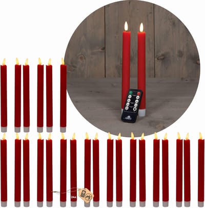 Novaliv LED-kaarsen, 24 stuks, ECHT WAS ROOD - met timerfunctie 6 uur - 18 cm hoogte voor kaarsen, 2,2 cm diameter, 2 AAA-batterijen vereist. LED-kaarsen, set van 4, 6x ROOD bewegend vlamlicht.