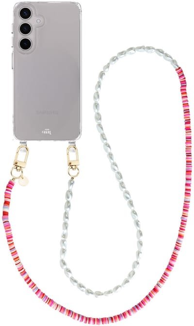 xoxo Wildhearts siliconen hoesje - Geschikt voor Samsung Galaxy S25 Plus hoesje - Island Girl - Telefoonhoesje - Hoesje met koord - Lange parelketting / kralenketting - lang telefoonkoord - Transparant hoesje (lange variant)