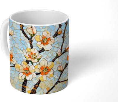 Mok - Koffiemok - Bloesems - Wit - Mozaïek - Tak - Mokken - 350 ML - Beker - Koffiemokken - Theemok