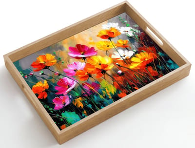 Dienblad hout 50x35 cm - Schootdienblad - Felgekleurd - Bloemblaadjes - Abstract - Borrelplank rechthoek - Plateau dienbladen