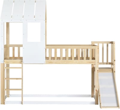 Gotagee Stapelbed 90x200cm met haakse ladder en glijbaan, huisbed met dak en raam, kinderbed met valbeveiliging en spijlen, frame van grenen, naturel+wit