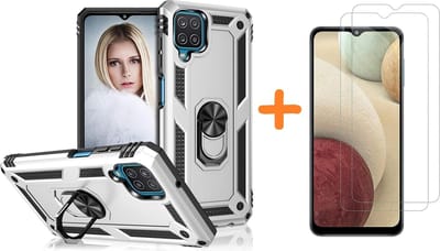 Hoesje Geschikt Voor Samsung Galaxy A12 5G Hoesje kickstand Armor met Ring houder TPU backcover hoesje - Zliver met Galaxy A12 screenprotector 2 pack