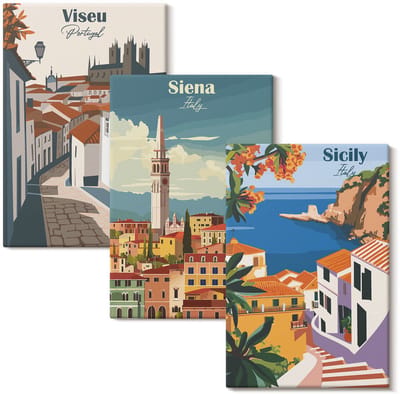 Wallfluent Set van canvas schilderijen - Retro-illustraties van beroemde steden over de hele wereld Canvas Schilderijen Set - set 3 stuks 20x30 cm - Veelkleurig Set van Canvas Prints - Steden Canvas Kunst Set - Boheemse Canvas Kunst Set
