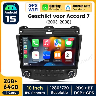 Hexinexmarket Autoradio Geschikt voor Honda Accord 7 (2003-2008) - Draadloos CarPlay, Android Auto,GPS Navi, Android 15, multimediaspeler - 2GB+64GB