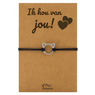 Pax Amare Armbandje met Schattig Katje "Ik hou van jou" - Vriendschapsarmbandje Cadeau - BFF Armband Cadeau - Zwart & Zilverkleurig