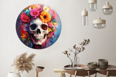 WallCircle - Wandcirkel - Muurcirkel - Schedel - Bloemen - Doodshoofd - Kleurrijk - Aluminium - Dibond - 140x140 cm - Binnen en Buiten