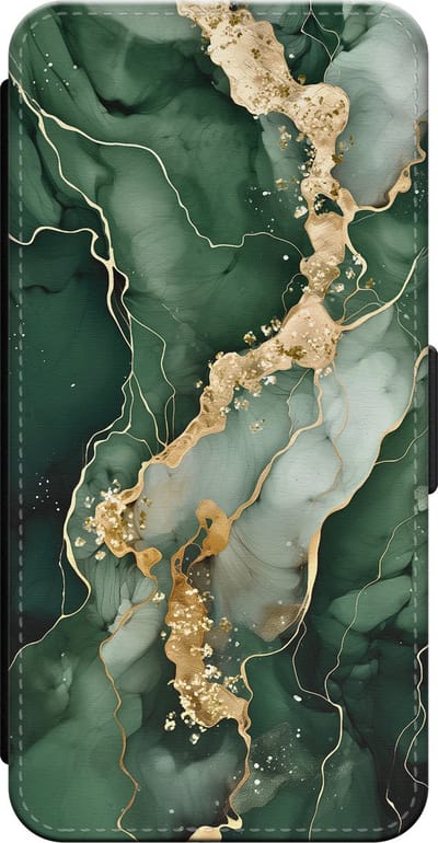 Leuke Telefoonhoesjes - Bookcase hoesje geschikt voor iPhone 14 bookcase leer - Marmer groen goud - Marmer groen goud - Wallet case met pasjeshouder - Marmer - Groen, Goud