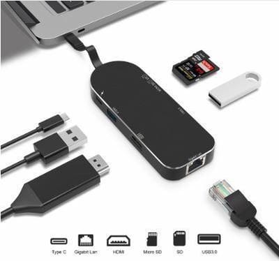 DrPhone 7 in 1 - Type C HUB – Thunderbolt 3 - 2x USB 3.0 – 4K HDMi – Micro SD / SD – Ethernet Gigabit – USB-C Female - voor o.a.  Macbook Pro