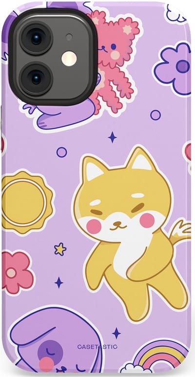 Casetastic hoesje geschikt voor Apple iPhone 12 Mini - Dubbellaagse bescherming - Knuffelvriendjes - Fashion Case - Lichtroze Lila Goud