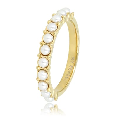 My Bendel - Goudkleurige Aanschuifring met Kleine Witte Parels - Goudkleurige Aanschuifring - Kleine Witte Parels - Tijdloze Elegantie - met Luxe Cadeauverpakking | Sieraden Voor Dames | Maat 16.00 Mm / Maat 50