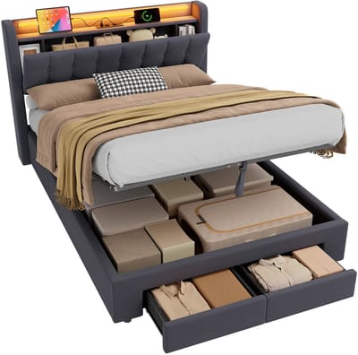 Wishdor Gestoffeerd Bed met LED & USB - Twijfelaar 140x190 cm - Hydraulisch & 2 Lades - Fluweel Donkergrijs