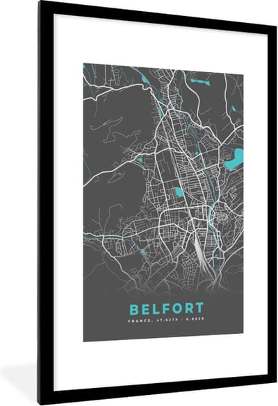 Fotolijst incl. Poster - Belfort - Frankrijk - Kaart - Stadskaart - Plattegrond - 80x120 cm - Posterlijst