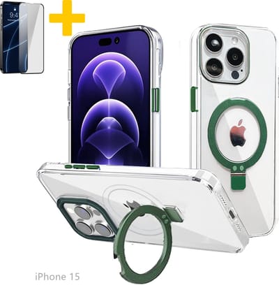 Hoesje voor iPhone 15, Compatibel met MagSafe, Magnetische Case met 360° Draaibare Standaard, Anti-Verkleuring Hoes, PC Lichtgewicht-Groen - Screenprotector