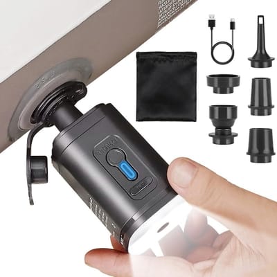 Draagbare Elektrische Luchtpomp met LED Campinglamp, 2400 mAh, Mini Pomp met 5 Opzetstukken voor Luchtbedden, Zwembanden en Vacuümzakken, USB-C Oplaadbaar