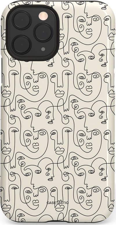 Casetastic hoesje geschikt voor Apple iPhone 11 Pro - Dubbellaagse bescherming - Art Deco Creme Abstractie Lijntekening Gezichten - Fashion Case - Zilver Crème Wit