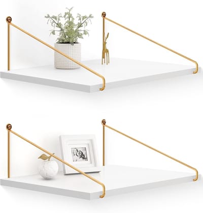 Witte Houten Wandplanken met Gouden Beugels - Grote Organizers voor Slaapkamer, Badkamer en Keuken - Set van 2, 30 cm Diep voor Extra Opbergruimte