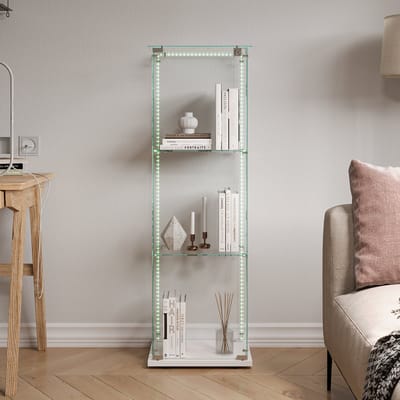 LED vitrinekast met slot, 1 deuren en 3 planken – glazen displaykast voor woonkamer – verzamelkast voor beeldjes en souvenirs-Wit