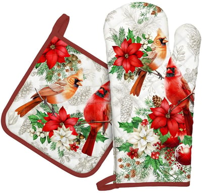 Dailygoods- Ovenwanten Hittebestendig - Pannenlappen - Set van 2 - 100% Katoen - 19 x 35 cm - Kerstkardinaal Patroon - Keukenhandschoenen