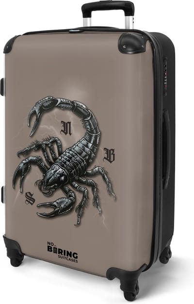 NoBoringSuitcases.com® - Koffer groot - Rolkoffer lichtgewicht - Bruin met zwarte schorpioen - Reiskoffer met 4 wielen - Valies grote trolley XL op wieltjes - Harde reistrolley met TSA slot - 20 kg bagage - Reizen