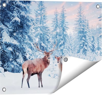 Gards Tuinposter Twee Herten in het Bos met Sneeuw - 50x40 cm - Tuindoek - Tuindecoratie - Wanddecoratie buiten - Tuinschilderij
