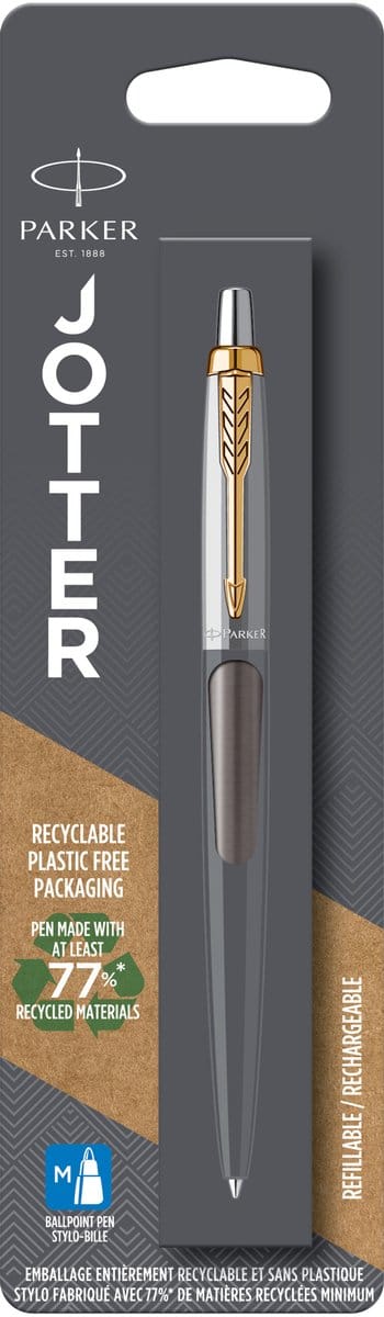 Parker Jotter Ballpoint Pen | Grey Lacquer with Gold Trims | Medium Point | Blue Ink Refill