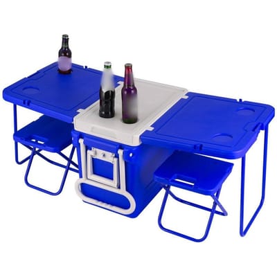 32L Koelbox op wielen IJsbox Kamperen Buiten Picknick Draagbare Warmte-isolatiebox With Table and Chair blauw