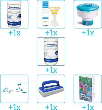 Zwembad Onderhoudspakket - Onderhoud Zwembad - bevat Chloor - Testrips - Chloordrijver - Chloor - Schoonmaakset - Scrubborstel en Zwembadgids (7-delig)
