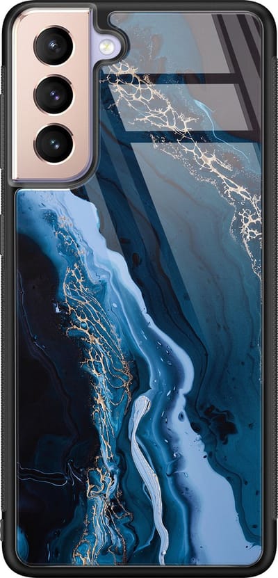 Hoesje geschikt voor Samsung Galaxy S21 - Marmer kobaltblauw - Luxe Glazen Hardcase - Marmer - Blauw