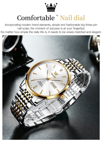 HO-6635.gz : Olevs goudzilverkleurig tourbillon/mechanisch edelstaal heren horloge, 30ATM/3BAR, luminiscerend, dagnaam, kalenderdag