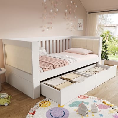 Slaapbank - 90x200 - Houten bed met 2 lades, armleuningen en comfortabele rugleuning - hout - wit - zonder matras