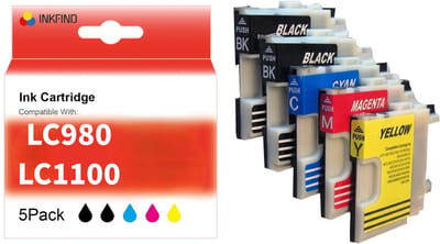 INKFIND LC980 LC1100 inktcartridge voor Brother LC980 LC1100 LC-980 LC-1100 inktcartridge multipack 5 stuks (Zwart x 2, Cyaan x 1, Magenta x 1, Geel x 1)