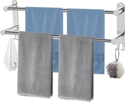 Wandhanddoekhouder voor badkamer, uittrekbare stang 43-75 cm, roestvrij staal, zonder boren, 2 stangen met haak, ruimtebesparend en praktisch ontwerp