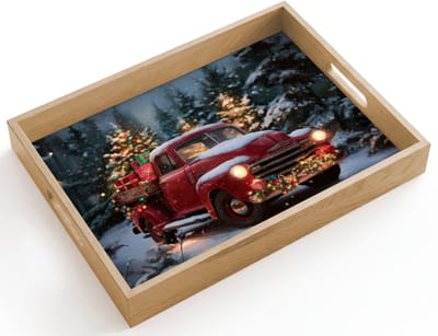 Dienblad hout 40x30 cm - Schootdienblad - Kersttruck - Sneeuwbos - Rood - Borrelplank rechthoek - Plateau dienbladen