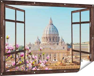 Gards Tuinposter Doorkijk Sint Pietersbasiliek in Rome met Bloemen - 150x100 cm - Tuindoek - Tuindecoratie - Wanddecoratie buiten - Tuinschilderij