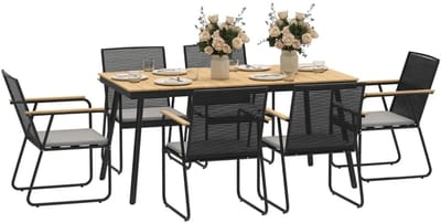 Tuinset - 7-delige Zitgroep - met 1 Tuintafel & 6 Stoelen - Tuinmeubelset voor 6 Personen - Tuintafelset - Tuin Eetset - Diningset - Zitset - voor Terras, Balkon, Tuin - Eetkamerset - Naturel Hout + Zwart