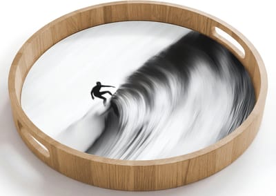 Dienblad rond 40x40 cm - Schootdienblad hout - Surfer - Golf - Vervaagd - Zwart - Borrelplank rechthoek - Plateau houten dienbladen