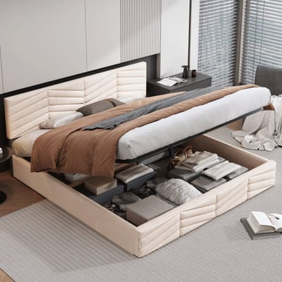 Gestoffeerd bed, tweepersoonsbed, hydraulisch functioneel bed, fluweel, gestreepte stijl, continentaal bed, in hoogte verstelbaar hoofdeinde, 160 x 200, beige