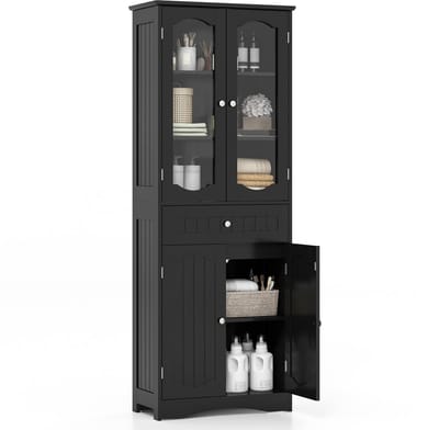 COSTWAY Vrijstaande Hoge Kast voor de Badkamer met 4 Deuren en Lade Zwart 60 x 30 x 160 cm