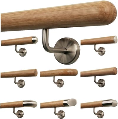 TIBU Eiken houten leuning reling 0,3 m - 6 m, lengte 150 cm, einde halve bol gefreesd en 3 hoekige houders