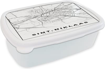 Broodtrommel Wit - Lunchbox - Brooddoos - Stadskaart – Plattegrond – België – Zwart Wit – Sint Niklaas – Kaart - 18x12x6 cm - Volwassenen