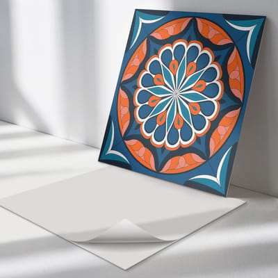 Wallfluent Vinyl Tegels - Mandalapatroon met Bladeren Zelfklevende Vinyl Tegels - 30 cm x 30 cm - Blauw Vinyl Tegels - Set van 9 - Vierkant PVC Tegels - Patroon Plaktegels - Vinyl Wandtegels - Plaktegels Keuken en Badkamer