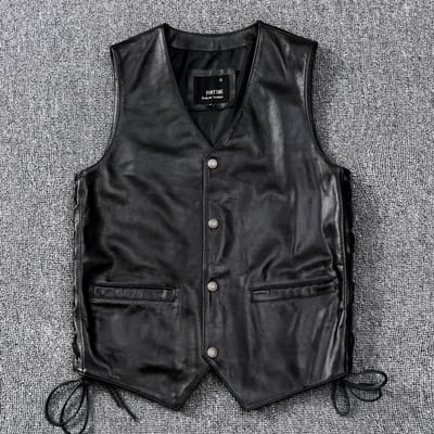 Herenlederen Vest, Bovenlaag Koeienhuid Leer Slim Fit V-hals Pony Clip XXXXL