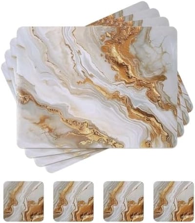 PromoHome Set van 4 Rechthoekige Kurk Placemats met Onderzetters – Marmerprint Wit – Waterdicht en Hittebestendig – Tafelmatten voor Keuken en Woondecoratie