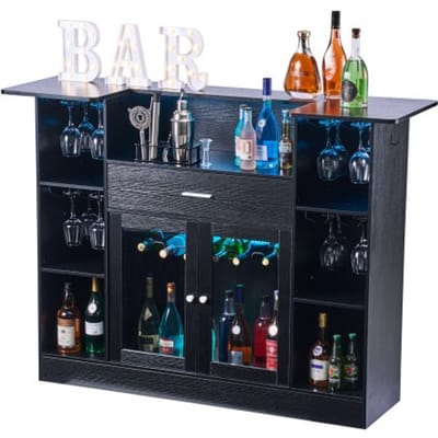 VEVOR 4-laags thuisbar, houten bar met flessenrek, wijnglazenhouder, ledverlichting, ruime opbergruimte voor woonkamer en kelder, draagvermogen tot 181,4 kg, 150 x 46 x 110 cm