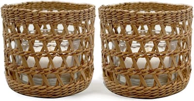 Omgoods - Set van 2 Rieten Theelicht Houder met Vintage Uiterlijk