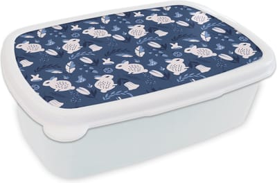 Broodtrommel Wit - Lunchbox - Brooddoos - Konijnen - Scandinavië - Patronen - 18x12x6 cm - Volwassenen